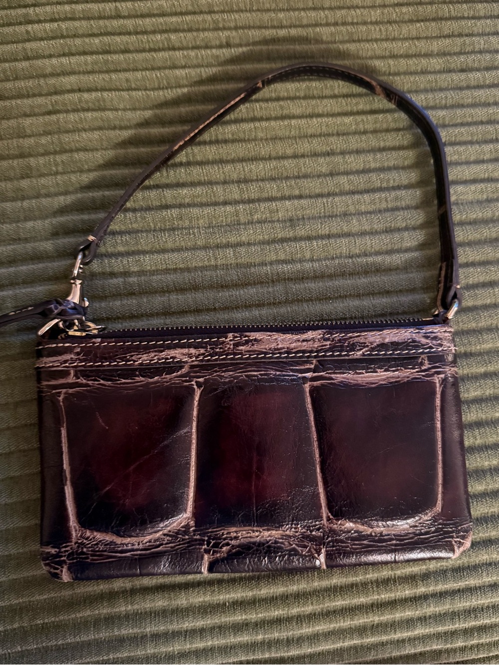 Dooney & Bourke Brown Croc Wristlet with Contrast Stitching Gold Accents - Picture 2 of 4